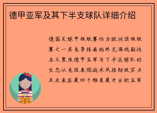德甲亚军及其下半支球队详细介绍